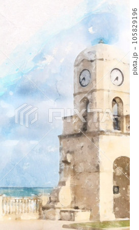 Palm Beach Worth Avenue clock tower Florida USA, watercolor digital art 105829196