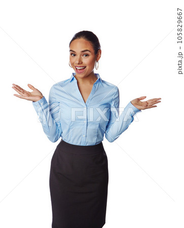 Business woman, portrait or weigh hands on promotion mockup, isolated marketing space or advertising mock up. Smile, happy or corporate worker and palm options, decisions or white background choices 105829667