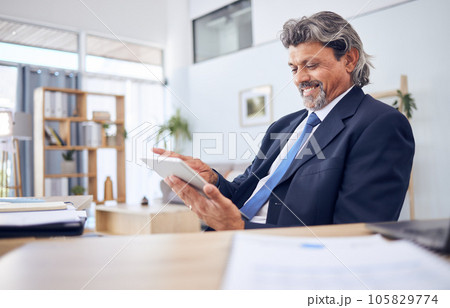 Tablet, smile and a senior business manager in his office for professional research or planning a project. Technology, schedule and a happy mature CEO man in the workplace for corporate management 105829774
