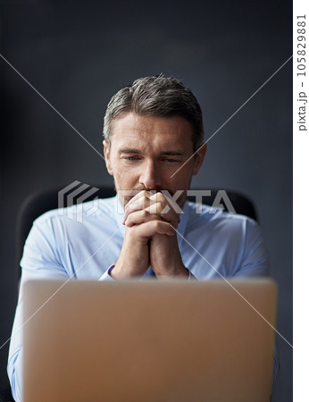 Man, stress and anxiety with career fail, trader worried about stock market crash and laptop glitch. Businessman thinking of business mistake, financial crisis and debt, fintech 404 and bankruptcy 105829881