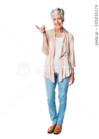 Mockup, portrait and senior woman point at sales promotion, luxury present gift or discount deal mock up. Studio advertising space, marketing product placement and model isolated on white background 105830174