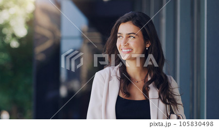Happy, corporate and business woman in city for mockup space, professional or happiness. Commute, modern and natural with female employee thinking in urban outdoor for motivation, confident and pride Happy, corporate and business woman in city for mockup space, professional or happiness. Commute, modern and natural with female employee thinking in urban outdoor for motivation, confident and pride 105830498