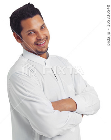 Muslim man, studio portrait and islamic culture isolated on white background for religion, arabic belief and faith. Happy moslem guy, eid mubarak and spiritual worship with smile, ramadan and fasting Muslim man, studio portrait and islamic culture isolated on white background for religion, arabic belief and faith. Happy moslem guy, eid mubarak and spiritual worship with smile, ramadan and fasting 105830540