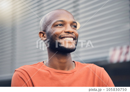 Black man, smile and thinking outdoor on a city street with a positive mindset, idea and opportunity. Face of happy African person or student on an urban road with casual style and freedom on travel 105830750