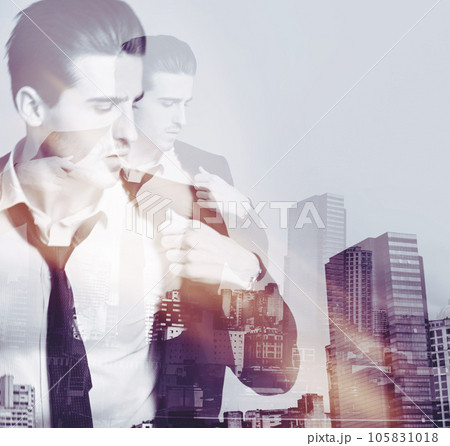 Businessman, city double exposure and luxury suit with monochrome and art deco overlay. Buildings, formal fashion and worker with success of person with skyline and black and white effect Businessman, city double exposure and luxury suit with monochrome and art deco overlay. Buildings, formal fashion and worker with success of person with skyline and black and white effect 105831018