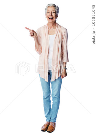 Mock up portrait, laugh and old woman point at sales promo, luxury present gift or discount deal mockup. Studio advertising space, marketing product placement and model isolated on white background Mock up portrait, laugh and old woman point at sales promo, luxury present gift or discount deal mockup. Studio advertising space, marketing product placement and model isolated on white background 105831048