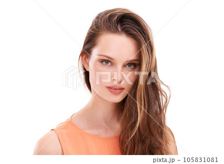 Beauty, hair and portrait of woman in studio for wellness, keratin treatment and hair products. Hair care aesthetic and girl on white background for cosmetics, hairstyle and luxury shampoo Beauty, hair and portrait of woman in studio for wellness, keratin treatment and hair products. Hair care aesthetic and girl on white background for cosmetics, hairstyle and luxury shampoo 105831081