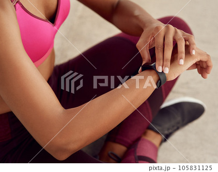 Woman, hands and fitness checking smart watch for tracking, heart rate or steps of runner outdoors. Hand of fit or active female person looking at wristwatch for monitoring performance or wellness Woman, hands and fitness checking smart watch for tracking, heart rate or steps of runner outdoors. Hand of fit or active female person looking at wristwatch for monitoring performance or wellness 105831125