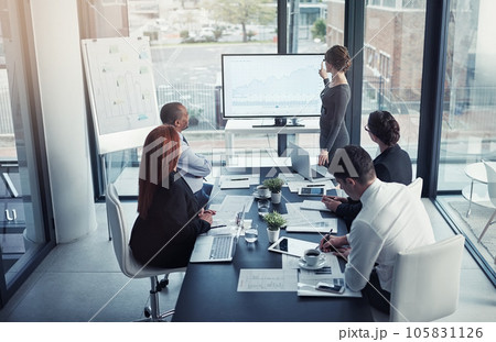 Business woman, meeting and data presentation, financial charts or graphs in accounting profit, increase and sales. Finance, corporate statistics and people, clients or manager on screen from behind Business woman, meeting and data presentation, financial charts or graphs in accounting profit, increase and sales. Finance, corporate statistics and people, clients or manager on screen from behind 105831126