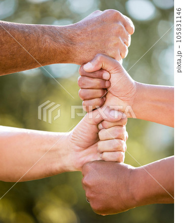 Fist stack, support and team building outdoor with solidarity, power and nature in summer sunshine. Group, people and hands together for trust, teamwork and motivation in park, garden or backyard 105831146