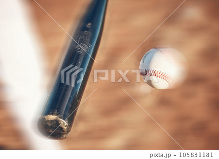 Softball, hit and closeup of field for training, sports and fitness, competition or outdoor exercise. Blur, ball and bat on a baseball background with power strike in action, speed or performance 105831181