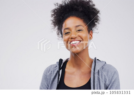 Portrait, mockup and black woman with a smile, fitness and confident girl against grey studio background. Face, female person or model with happiness, casual outfit or cheerful with positive attitude Portrait, mockup and black woman with a smile, fitness and confident girl against grey studio background. Face, female person or model with happiness, casual outfit or cheerful with positive attitude 105831331
