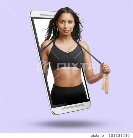 Woman, phone and screen on mockup for fitness, advertising or marketing against a studio background. Portrait of active fit female with skipping rope on mobile smartphone display for advertisement Woman, phone and screen on mockup for fitness, advertising or marketing against a studio background. Portrait of active fit female with skipping rope on mobile smartphone display for advertisement 105831350