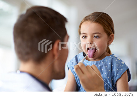Kid, doctor and thermometer in mouth at hospital of medical risk, covid infection and fever. Pediatrician, sick girl and testing temperature of children, flu virus and healthcare consulting in clinic 105831678