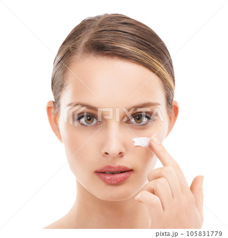Woman portrait, face or skincare product by white background in dermatology wellness, self love and grooming. Zoom, beauty model and facial sunscreen product in hydration healthcare and collagen glow 105831779