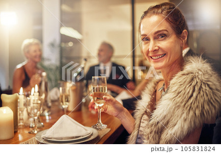 Portrait, senior woman and champagne, event and celebration for achievement, dinner gala and smile. Mature female, happy elderly lady and party with alcohol, elegant and glamour with stylish outfit 105831824