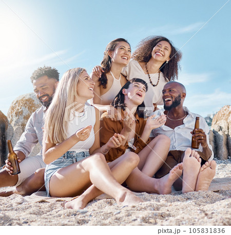 Good friends equal a lifetime of memories. Shot of a group of friends enjoying their time together at the beach. 105831836
