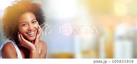 Black woman, mockup portrait and beauty with space, smile and happiness with afro, self care and cosmetics, Young model, gen z african and happy with natural hair, skincare and blurred background Black woman, mockup portrait and beauty with space, smile and happiness with afro, self care and cosmetics, Young model, gen z african and happy with natural hair, skincare and blurred background 105831919