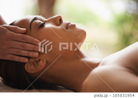Woman, hands or head massage to relax in spa for zen resting, sleeping wellness or luxury physical therapy. Face of girl in salon to exfoliate for facial healing treatment, beauty or holistic detox Woman, hands or head massage to relax in spa for zen resting, sleeping wellness or luxury physical therapy. Face of girl in salon to exfoliate for facial healing treatment, beauty or holistic detox 105831954
