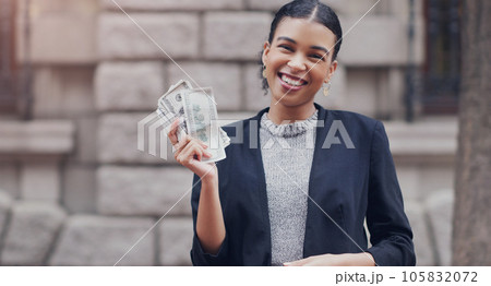 Business woman, city and cash in street portrait with smile, winning or success with profit, bonus or reward. African businesswoman, money or winner with happiness outdoor for stock market investment Business woman, city and cash in street portrait with smile, winning or success with profit, bonus or reward. African businesswoman, money or winner with happiness outdoor for stock market investment 105832072