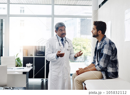 Healthcare, doctor and patient in consultation with expert advice, information and support in discussion. Medicine, health care and Indian man in doctors office consulting with medical professional. Healthcare, doctor and patient in consultation with expert advice, information and support in discussion. Medicine, health care and Indian man in doctors office consulting with medical professional. 105832112