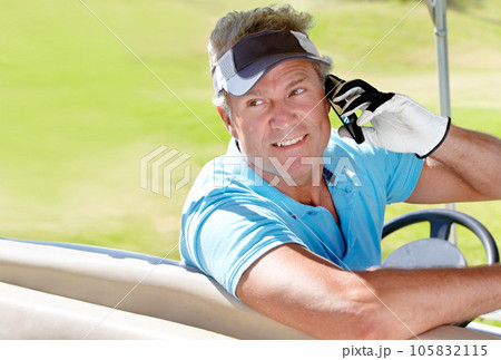 Phone, man and happy golfer outdoor on a call for communication on a golf course. Senior person with smartphone and transport at club for a sports game on vacation or holiday in nature with mockup 105832115