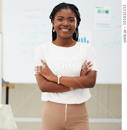 Are we ready for business. Shot of a young businesswoman standing in an office at work. 105832152