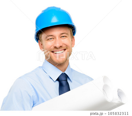 Architecture, blueprint and isolated with portrait of man in studio for engineering, happy and building, Graphics, floor plan and construction with male contractor on white background for inspection 105832311
