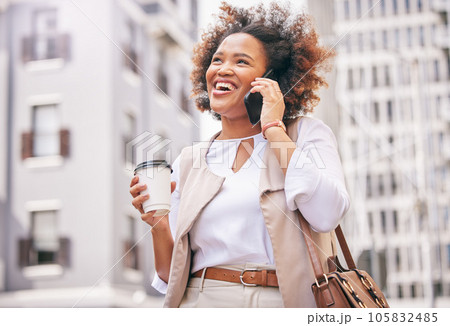 Phone call, woman and coffee break in the city for business, meeting and conversation, communication or network connection. Work, discussion and African businesswoman walking in morning to office 105832485