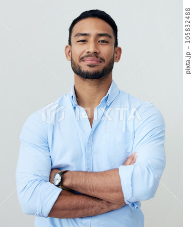 Accountant, portrait and business man with arms crossed in studio isolated on white background. Face, confidence and Asian male professional, entrepreneur or auditor from Singapore with career pride. 105832488