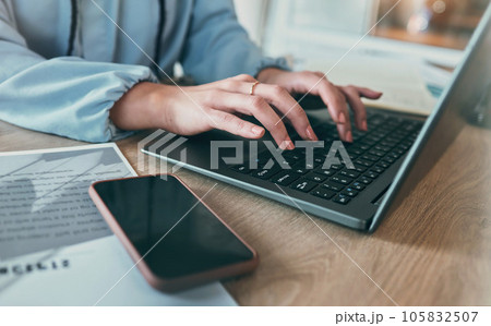 Laptop, technology and woman hands typing UX webdesign, online project development or research website design. SEO designer, social media traffic and closeup person working on company search engine 105832507