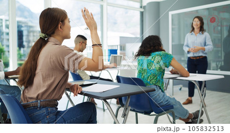 Student, question and woman in a classroom with lecture and studying for college. University class, learning and students with education professor and teacher on campus with a school group at desk Student, question and woman in a classroom with lecture and studying for college. University class, learning and students with education professor and teacher on campus with a school group at desk 105832513