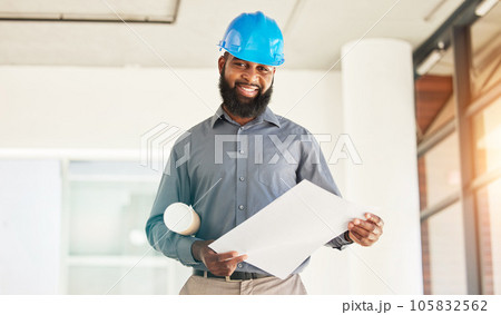 Architecture man, portrait and floor plan in office construction, planning and project management. Renovation, property blueprint and happy african person with sketch or design ideas for engineering 105832562