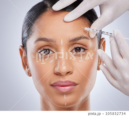 Portrait, aesthetic and botox with woman and injection for plastic surgery, dermatology and beauty. Pattern, filler and medical with model and syringe on grey background for collagen and cosmetics 105832734
