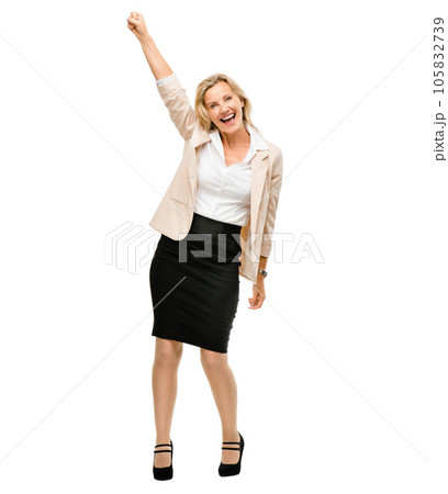 Portrait, smile and mature woman with fist of celebration in studio for good news or promotion against white background. Happy, excited and and lady winner with hands for yes, announcement or vote 105832739