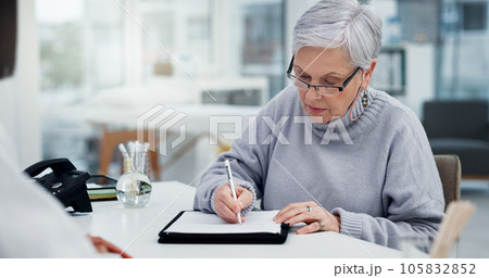 Medical paperwork, health insurance and old woman, signature and patient with doctor in office. Healthcare, policy documents and compliance, people at hospital with consent form for surgery and help Medical paperwork, health insurance and old woman, signature and patient with doctor in office. Healthcare, policy documents and compliance, people at hospital with consent form for surgery and help 105832852