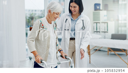 Support, doctor and senior woman in walking frame for healthcare service, muscle health or rehabilitation. Nurse, medical physiotherapy of elderly patient with disability, Parkinson or clinic helping 105832954
