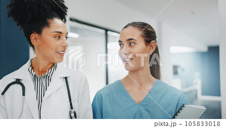 Women doctors, talking or walking in hospital in teamwork, nurse collaboration or surgery research. Smile, happy or healthcare workers in planning, communication or discussion for medicine treatment 105833018