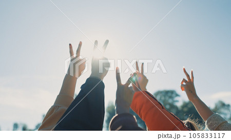Peace sign, support and hands of friends in nature for community, motivation and teamwork. Partnership, relax and hand gesture with people in outdoors for collaboration, diversity and solidarity 105833117