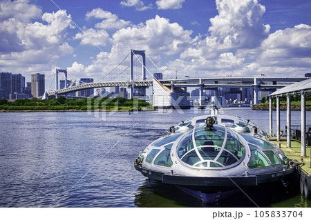 レインボーブリッジと水上バス・ヒミコ お台場海浜公園からの風景 レインボーブリッジと水上バス・ヒミコ お台場海浜公園からの風景 105833704