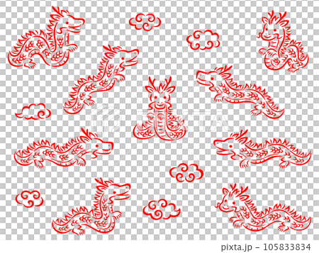 紅色畫筆描邊龍字與雲線畫插圖集 105833834