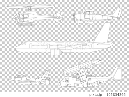 Line drawings of different types of flying planes 105834263