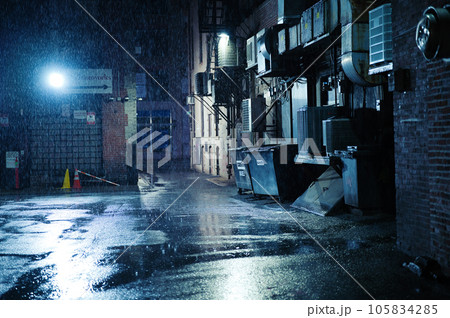 土砂降りの夜の海外の裏路地 105834285