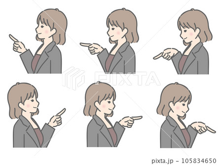 色々な方向を指さす若い女性(横向き、スーツ) 色々な方向を指さす若い女性(横向き、スーツ) 105834650