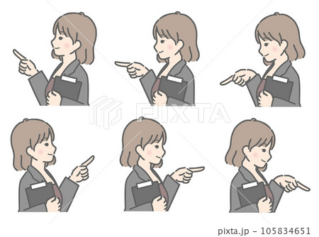 バインダーを持ち、色々な方向を指さす若い女性(横向き、スーツ) バインダーを持ち、色々な方向を指さす若い女性(横向き、スーツ) 105834651