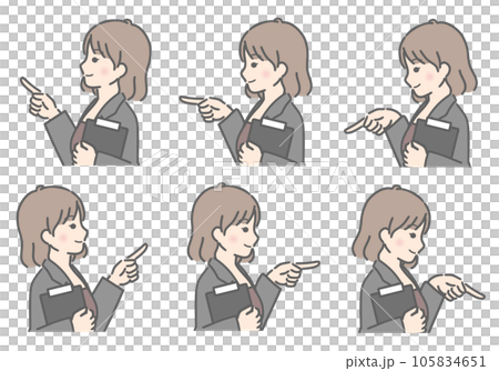 バインダーを持ち、色々な方向を指さす若い女性(横向き、スーツ) バインダーを持ち、色々な方向を指さす若い女性(横向き、スーツ) 105834651