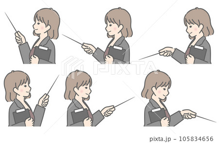 バインダーを持ち、色々な方向を指し示す若い女性(横向き、スーツ) バインダーを持ち、色々な方向を指し示す若い女性(横向き、スーツ) 105834656