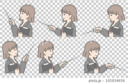 バインダーを持ち、色々な方向を指し示す若い女性(横向き、スーツ) バインダーを持ち、色々な方向を指し示す若い女性(横向き、スーツ) 105834656