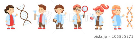 Science research. Chemist in lab coats. People holding chemical equipment. DNA experiments. Glass test tubes. Professional laboratory workers. Doctor with magnifier. Vector isolated scientists set Science research. Chemist in lab coats. People holding chemical equipment. DNA experiments. Glass test tubes. Professional laboratory workers. Doctor with magnifier. Vector isolated scientists set 105835273