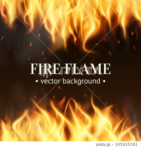 Fire flame background. Web banner template. Bright flame backdrop. Blaze with smoke and sparks isolated on black. Horizontal poster. Light effect for decoration. Vector realistic bonfire illustration 105835281